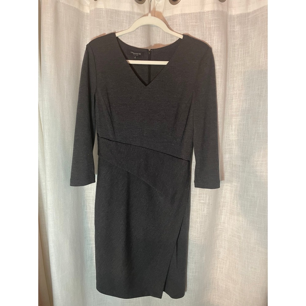 Lafayette 148 New‎ York Gray Wool Sheath Dress Architectural Detail Size 8 EUC